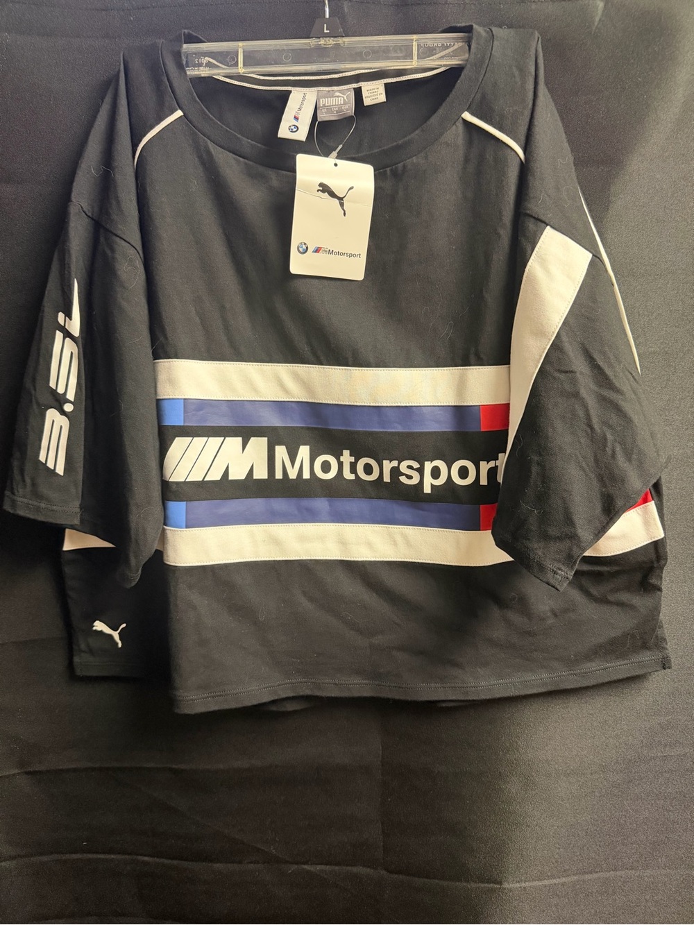 Puma Black Motorsport Tee with Blue, Red & White Stripes